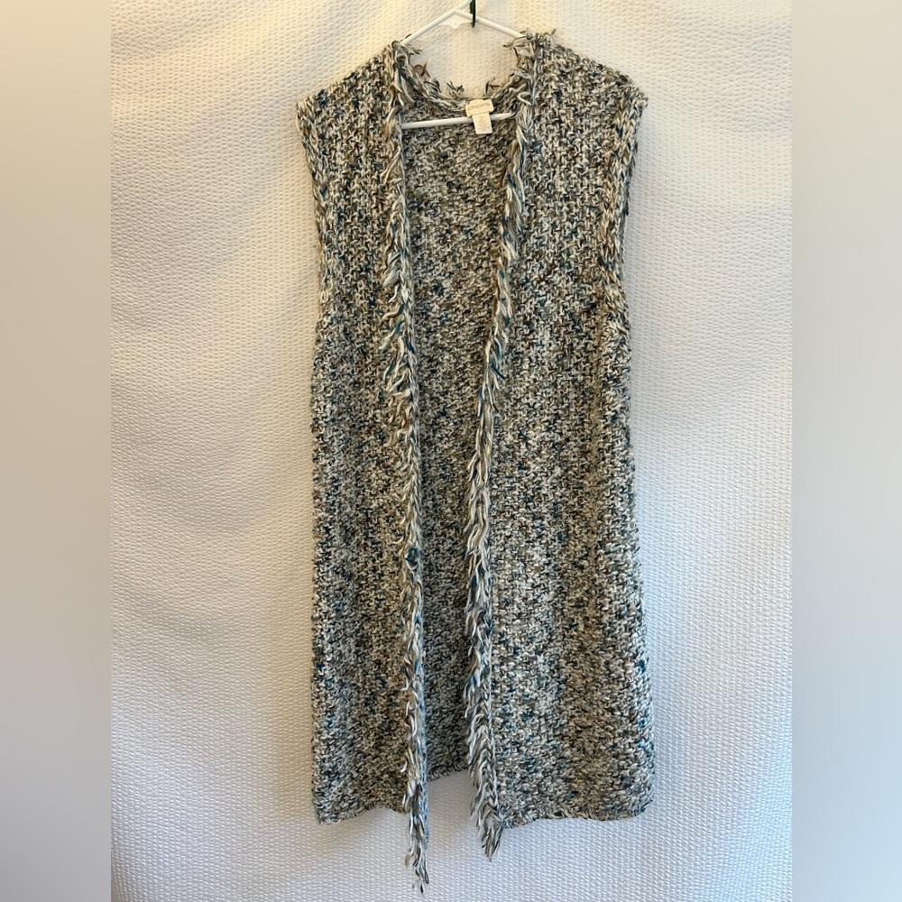 Chico’s Sleeveless Open Front Marled Knit Long Cardigan Vest Blue Brown 2 Large - Picture 2 of 10